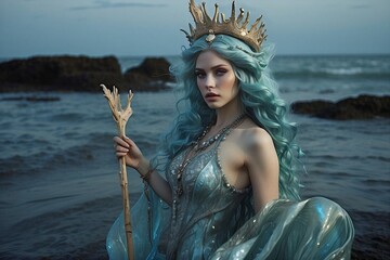 Aquaria Tidewalker is a mystical being born from the depths of the ocean, a water elemental with an ethereal presence.