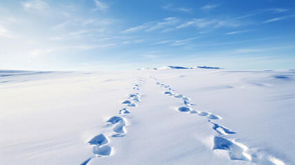 雪の足跡、空と雪原の自然風景