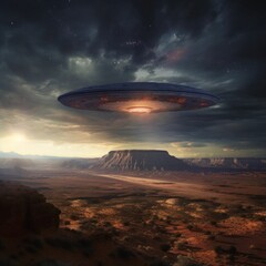 Mysterious UFO Encounter in Desert - Sci-Fi Landscape with Dramatic Skies