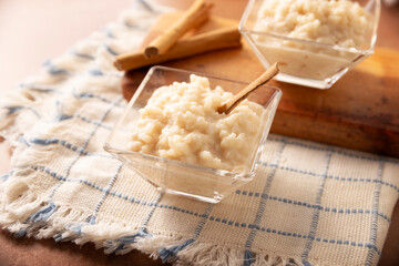Rice pudding. Sweet dish made by cooking rice in milk and sugar, some recipes include cinnamon, vanilla or other ingredients, it is a very easy dessert to make and very popular all over the world.