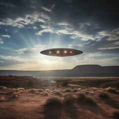 Extraterrestrial Visit at Dusk - A UFO Hovering Over Desert Terrain