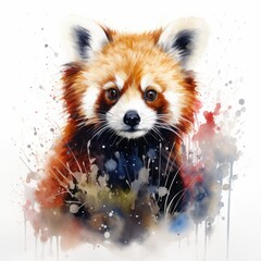 Watercolor Red Panda Illustration watercolor style, red panda subject, ink splash effect, vibrant colors, abstract background, creative wildlife art