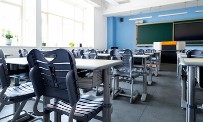 School classroom with desks and chairs