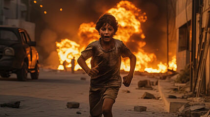 Scared terrified Innocent young boy running away from an airstrike. War concept