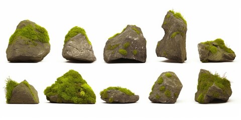 mossy rocks, collection of overgrown stones isolated on white background, Generative AI - obrazy, fototapety, plakaty