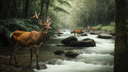 Deer on the edge of a tropical forest river