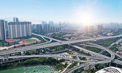 Aerial of city overpasses and buildings