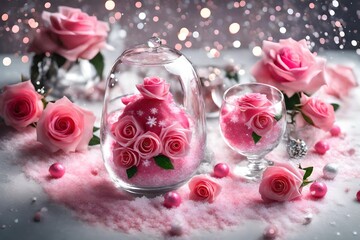  A Winter Wonderland of Passion, featuring Red Roses, Green Roses, Pink Roses, and Enigmatic Black Roses, Sprinkled upon Glistening Snow, Beside Bottles of Scarlet Perfumes, and Nestled alongside a Bl
