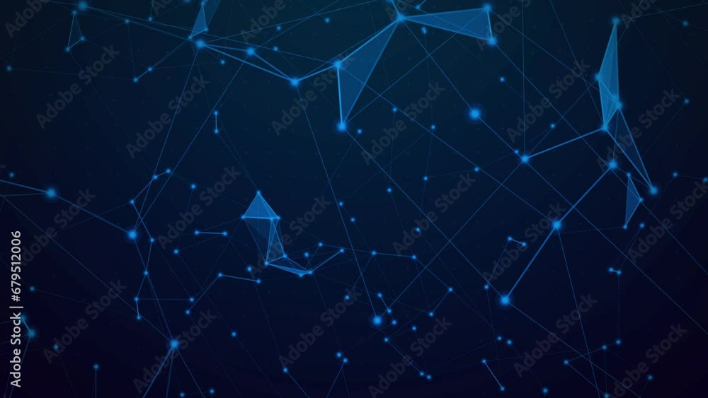 Poster bright glowing dots, triangles and lines geometry technology background. digital abstract blue compu