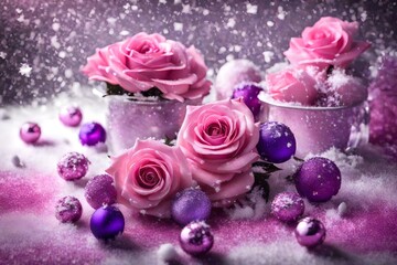  A Winter Wonderland of Passion, featuring Red Roses, Green Roses, Pink Roses, and Enigmatic Black Roses, Sprinkled upon Glistening Snow, Beside Bottles of Scarlet Perfumes, and Nestled alongside a Bl