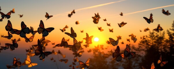swarm of monarch butterflies, Danaus plexippus group during sunset, Generative AI - obrazy, fototapety, plakaty