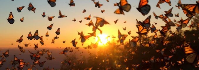 Fotobehang swarm of monarch butterflies, Danaus plexippus group during sunset, Generative AI © Just Bella