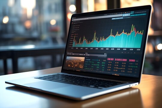 Stock market and other finance themes. Financial graph on a laptop screen. Generative AI