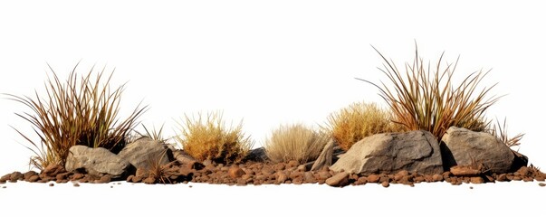 desert scene cutout, dry plants with rocks, isolated on white background banner, Generative AI - obrazy, fototapety, plakaty