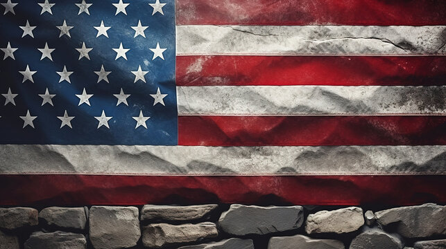 Rocks and an american flag on a black marble surface. generative ai