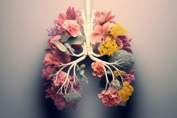 Lungs made from flowers and nature. Air pollution concept. Generative AI