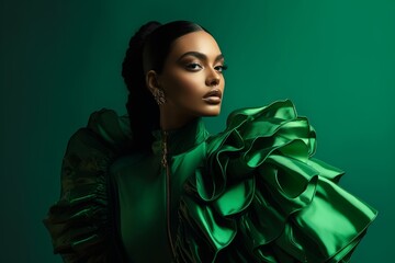Fashion portrait. Black woman wearing green high fashion clothing. Generative AI