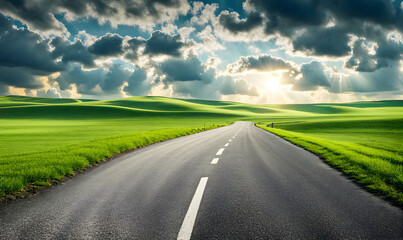 Fototapeta premium Scenic landscape with lush green field and road