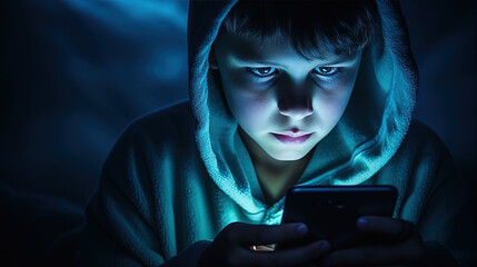 Young boy watching movie or playing a game on his smartphone