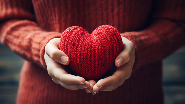 Close up picture of red heart shape in hands. generative ai