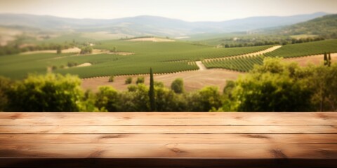 An empty wooden table for product display. blurred french vineyard in the background. Generative AI