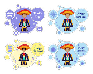 Fototapeta premium Vector sticker on a postcard with congratulations on a colored guy