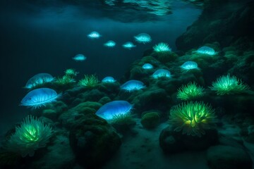 A Lush Undersea Tapestry of Verdant Greenery Surrounding an Enchanting Undersea Lake, Where Graceful Jellyfish Float in a Ballet of Bioluminescence, Creating an Ethereal Underwater Environment Teeming