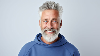 Happy mature old bearded man with dental smile, cool mid aged gray haired older senior hipster wearing blue sweatshirt standing isolated on white background. Made with generative ai - obrazy, fototapety, plakaty