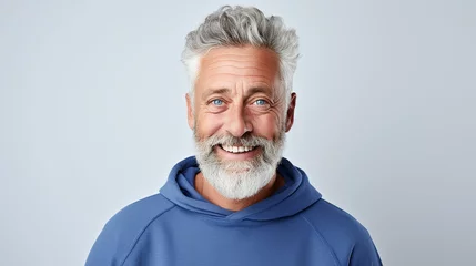 Foto op Plexiglas Happy mature old bearded man with dental smile, cool mid aged gray haired older senior hipster wearing blue sweatshirt standing isolated on white background. Made with generative ai © ferid