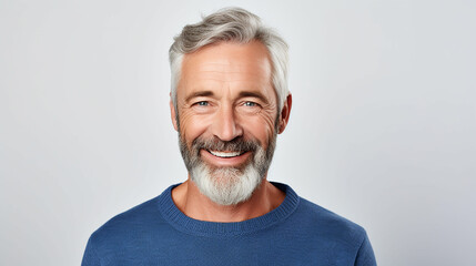 Happy mature old bearded man with dental smile, cool mid aged gray haired older senior hipster wearing blue sweatshirt standing isolated on white background. Made with generative ai - Powered by Adobe