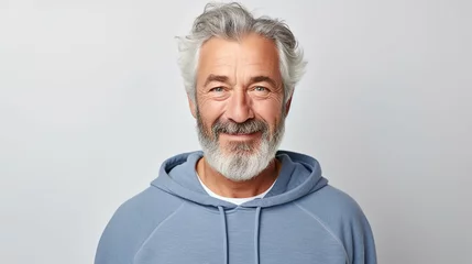 Fotobehang Happy mature old bearded man with dental smile, cool mid aged gray haired older senior hipster wearing blue sweatshirt standing isolated on white background. Made with generative ai © ferid