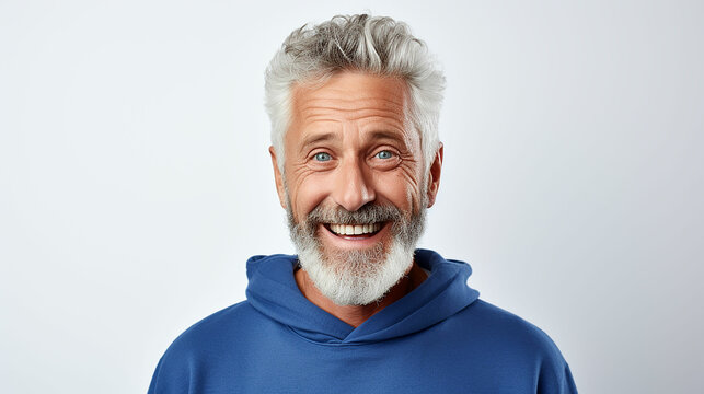 Happy Mature Old Bearded Man With Dental Smile, Cool Mid Aged Gray Haired Older Senior Hipster Wearing Blue Sweatshirt Standing Isolated On White Background. Made With Generative Ai