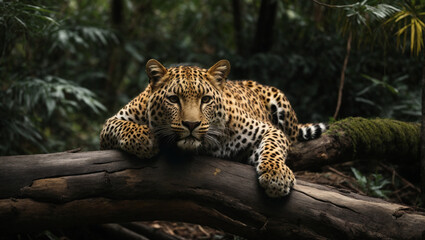 Leopard relaxing in tropical forest on a fallen tree