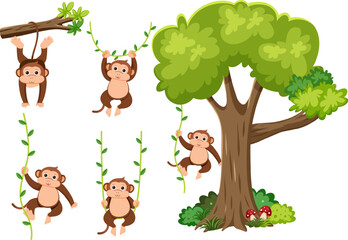 Monkey Vine Branch and Tree Elements in Vector Cartoon Style