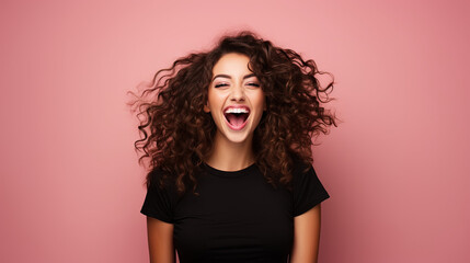 Happy wonderful young woman with long curly hair excited isolated on pink background - Powered by Adobe