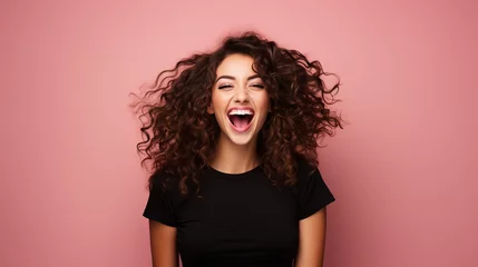 Fotobehang Happy wonderful young woman with long curly hair excited isolated on pink background ©  Mohammad Xte
