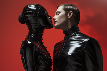 BDSM couple, fetish, erotic games. A man kissing a woman in a latex suit - obrazy, fototapety, plakaty