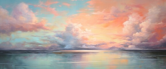 Soft, wispy clouds of color floating in a vast, abstract sky, casting subtle reflections on a tranquil water surface below.