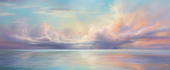 Fototapeta na wymiar Soft, wispy clouds of color floating in a vast, abstract sky, casting subtle reflections on a tranquil water surface below.