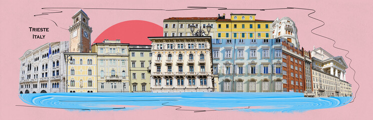Fototapeta na wymiar The streets of Trieste with the facades of old and colorful Mediterranean houses. Trieste, Italy