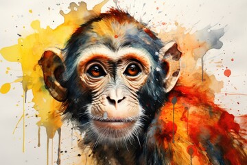 watercolor Monkey illustration with splash watercolor textured background cute monkey - obrazy, fototapety, plakaty