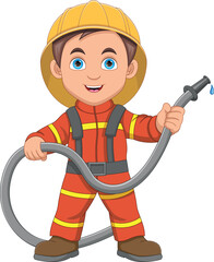 Cheerful little boy in firefighter costume - obrazy, fototapety, plakaty
