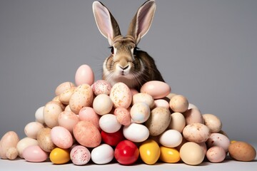 Fototapeta na wymiar Easter bunny and colorful eggs on grey background, Studio shot