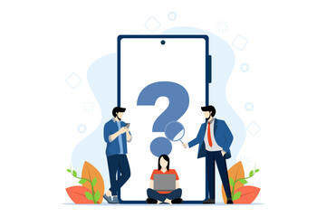 frequently asked questions concept, frequently asked questions around exclamation marks and question marks, question answer metaphor, FAQ for landing pages, mobile apps, web banners, infographics. - obrazy, fototapety, plakaty