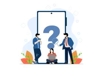 Fotobehang frequently asked questions concept, frequently asked questions around exclamation marks and question marks, question answer metaphor, FAQ for landing pages, mobile apps, web banners, infographics. © FAHMI