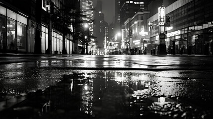 Black and white street photography of a rainy night in New York, reflections on wet pavement