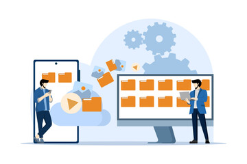 Concept of cloud storage, file downloading, database protection, data center, file management, computer system using cloud server. Digital documents and messages using modern connected PC technology.