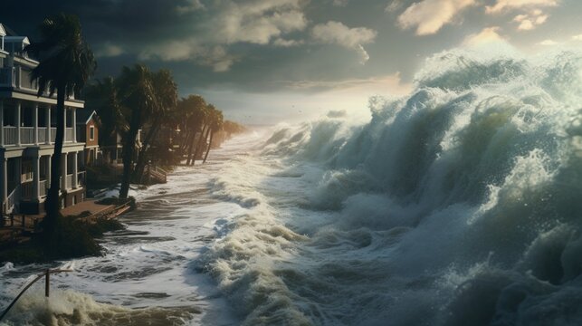 Depict an hurricane sweeping through a virtual coastal town