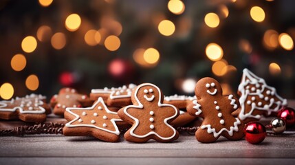 gingerbread cookies, festive atmosphere against the background of a Christmas tree, banner, copy space