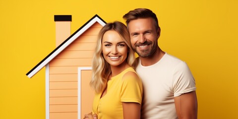 Fototapeta premium happy couple smiles while standing next to new house